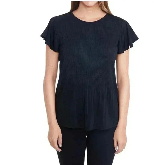 Philosophy Black Pleated Top Medium Lightweight Short Flutter Sleeve - Picture 2 of 15